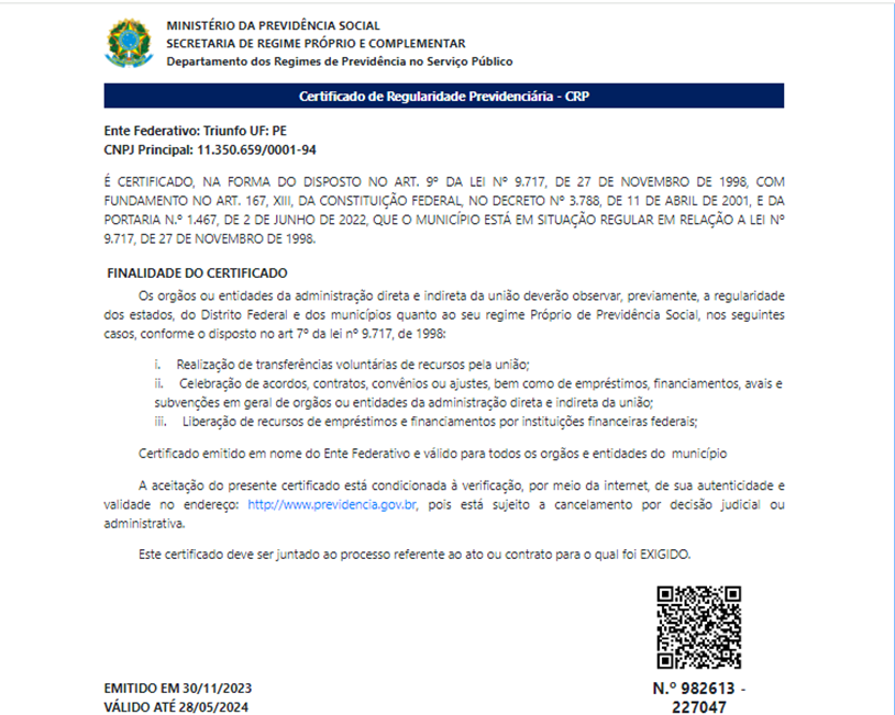 TRIUNFO PREV renova Certificado de Regularidade Previdenciária, com validade até 28 de maio de 2024
